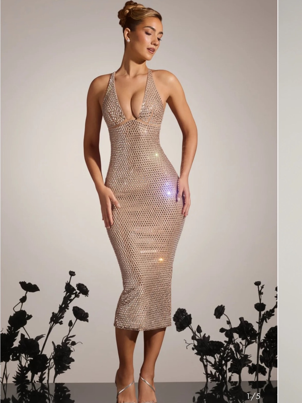 Oh Polly Nude Metallic Mesh Halter Midi Dress